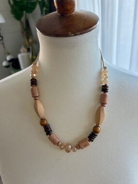Women's Beaded Wooden Necklace - Beige and Brown